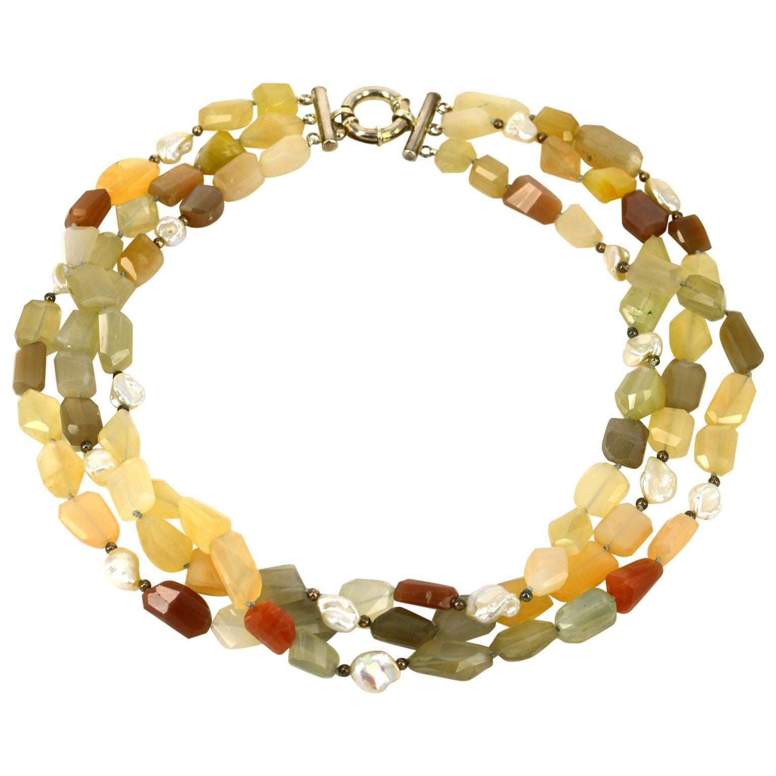 Three Strand Multi Color Rainbow Moonstone Pearl Silver Bead Necklace