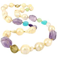 Pearl Amethyst Prehnite Rose Lemon Quartz Chalcedony Gold Bead Necklace 7