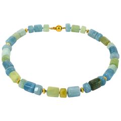 Blue Green Aquamarine Gold Bead Necklace 11