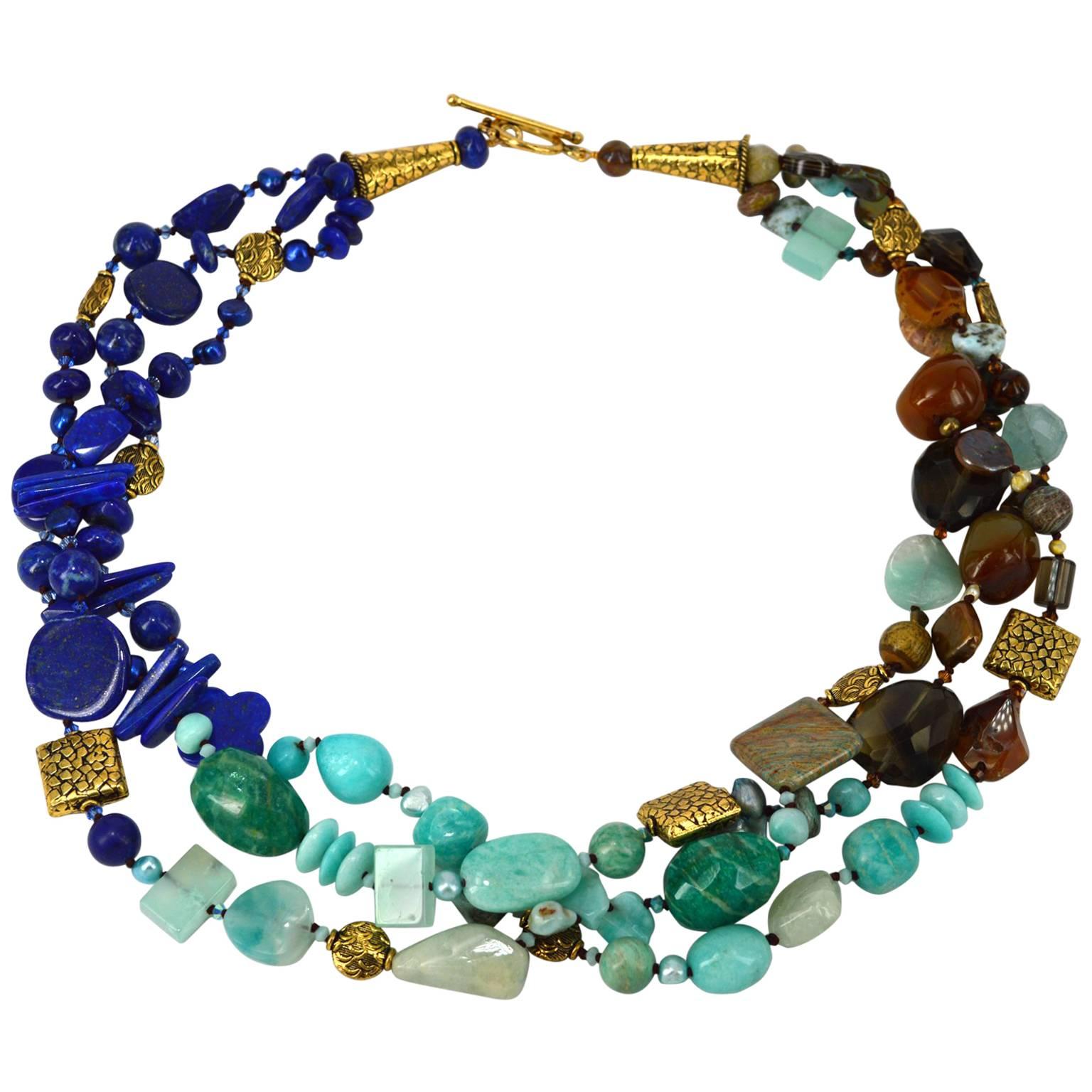 Lapis Lazuli Peruvian Amazonite Smokey Quartz Three Strand Gold Bead Necklace