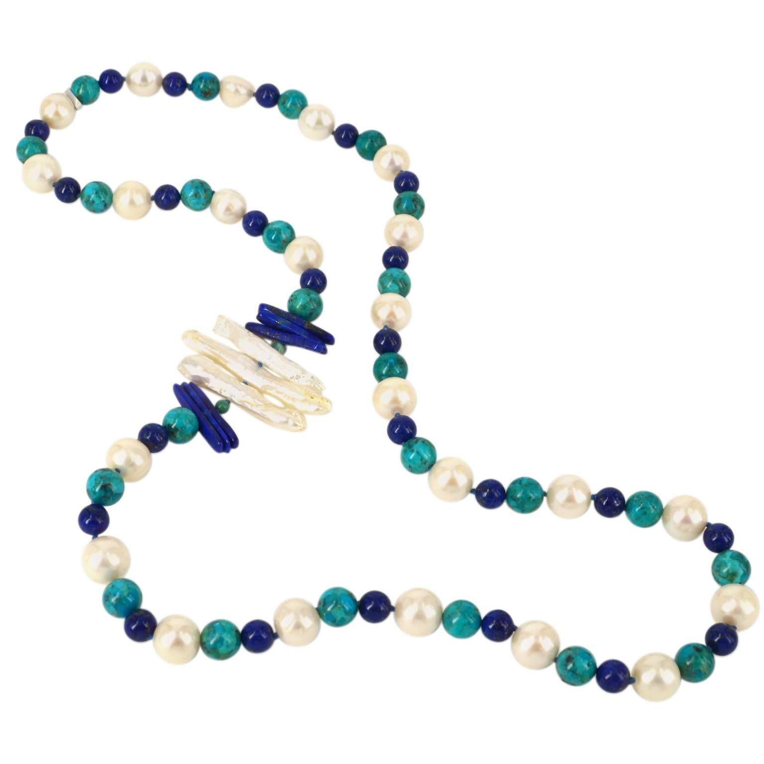 Decadent Jewel "Copella" Lapis Lazuli Turquoise Pearl Silver Necklace