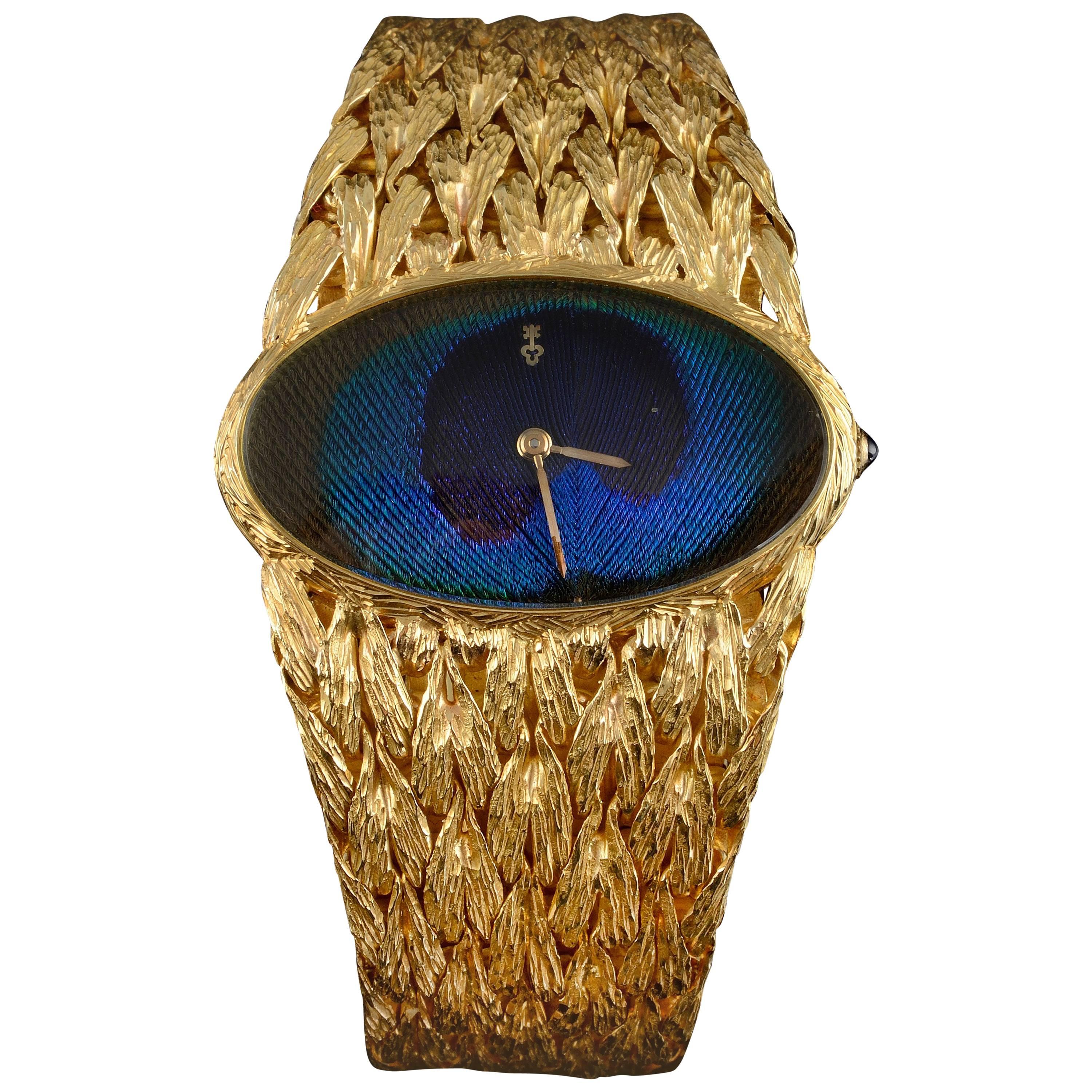 Corum Watch Yellow Gold Peacock Feather Wristwatch, circa 1970