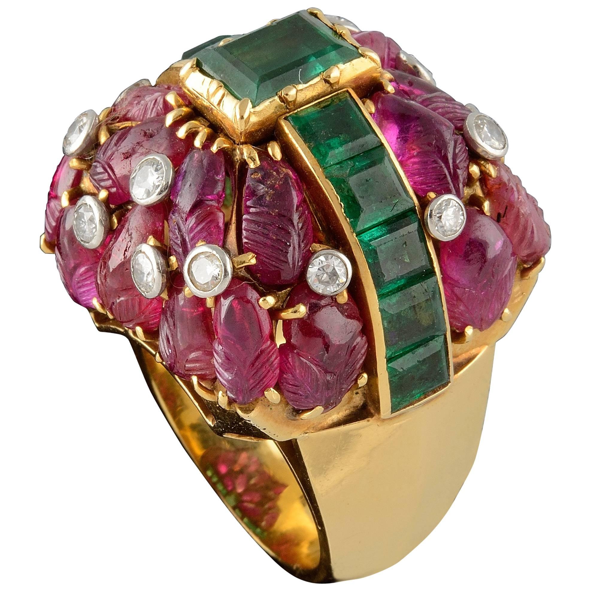 1960s French Ruby Emerald Diamond Gold Cocktail Ring