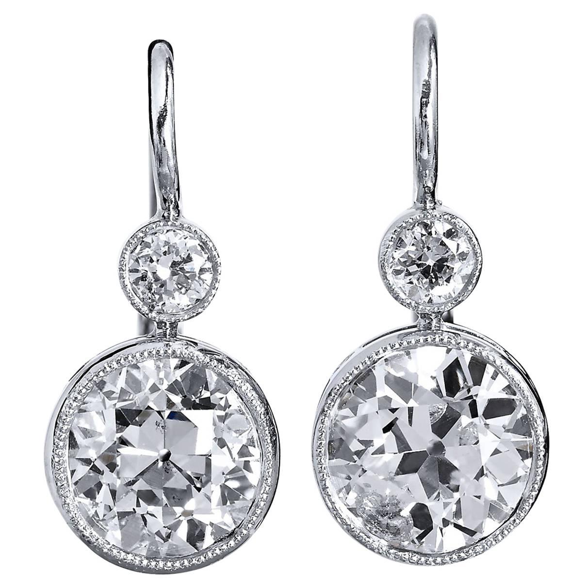 H&H 2.90 Carat Old European Cut Diamond White Gold Platinum Lever Back Earrings