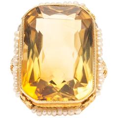 Art Deco Citrine Pearl Yellow Gold Filigree Ring 