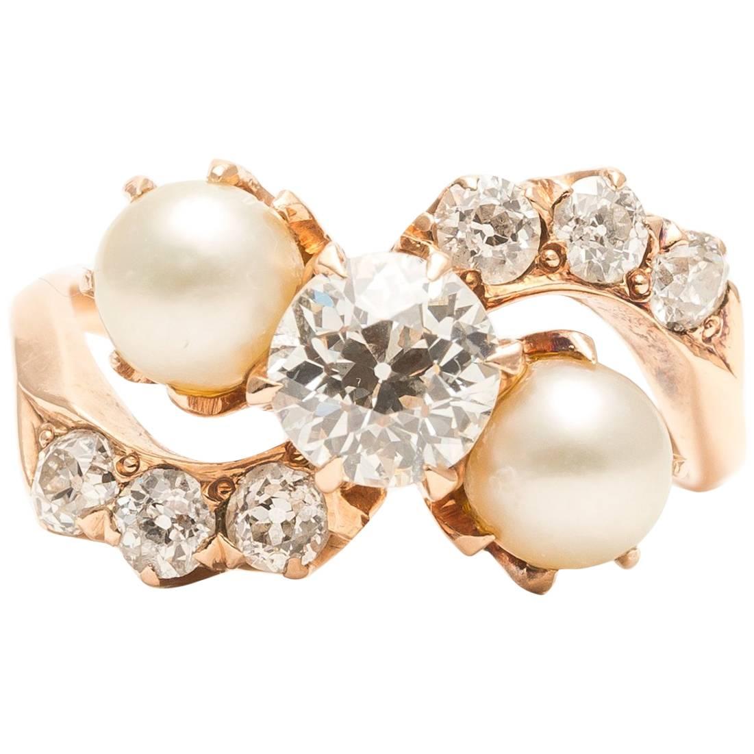 Entrancing Edwardian 1.20 Carat Diamond and Pearl Ring in Yellow Gold