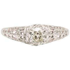 Art Deco 0.45 Carat Diamond White Gold Filigree Engagement Ring 