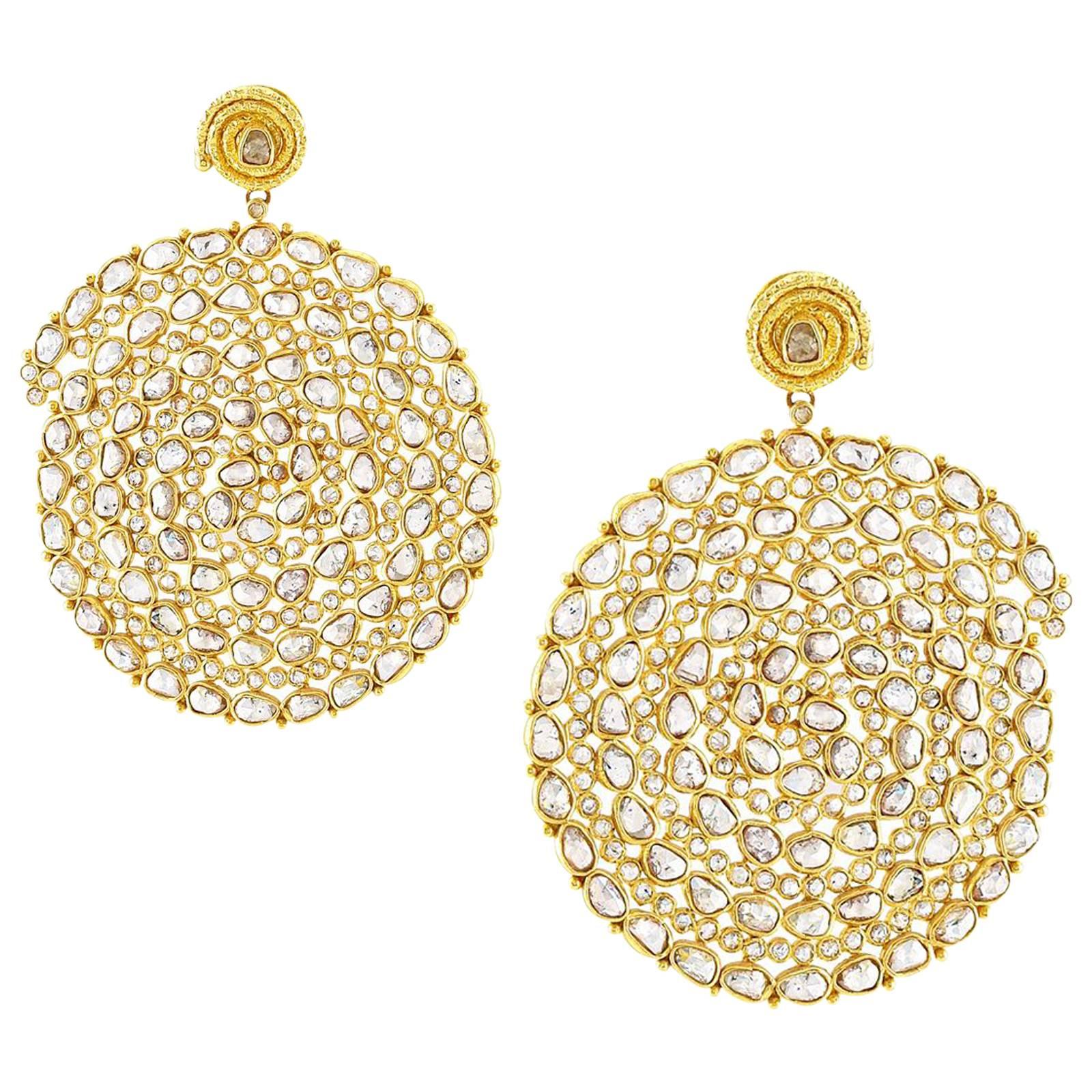 Star Storm Rose Cut Diamond Spiral Chandelier Earrings on 18 Karat Gold