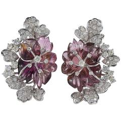 Carved Melon Tourmaline 3.10 Carat Diamond Rare Flower Earrings 6
