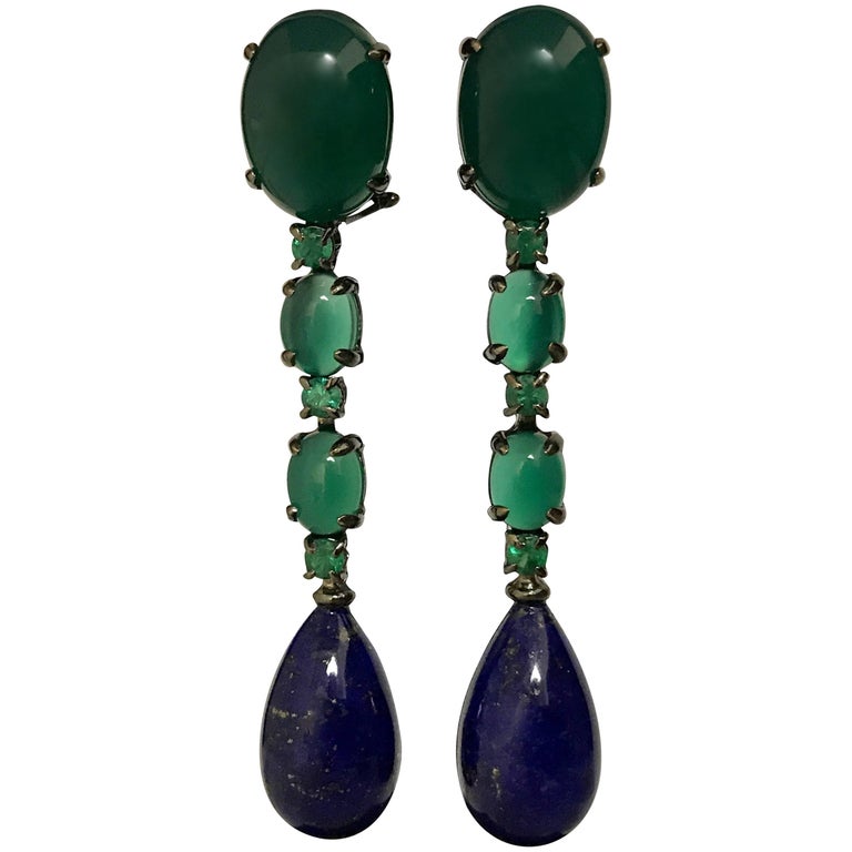 Green Agates Lapis Lazuli Grey Gold Chandelier Earrings For Sale at 1stDibs