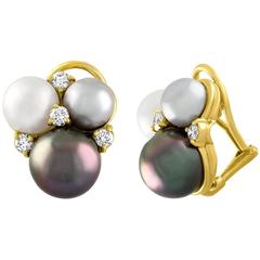 Seaman Schepps Three-Cluster Pearl Diamond Yellow Gold Earrings