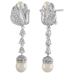 2.00 Carat Diamond and Pearl Gold Drop Earrings 5