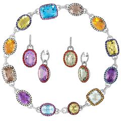 Multi-Gem and Diamond Gold Necklace and Earrings Three-Piece Set 12