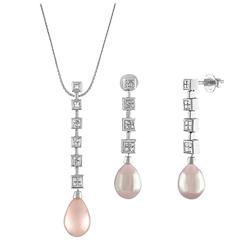 1.50 Carat Diamond and Teardrop Pearl Gold Earrings Necklace Set 10