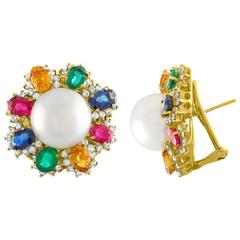 Multi-Gem Pearl and Diamond Gold Earrings 12