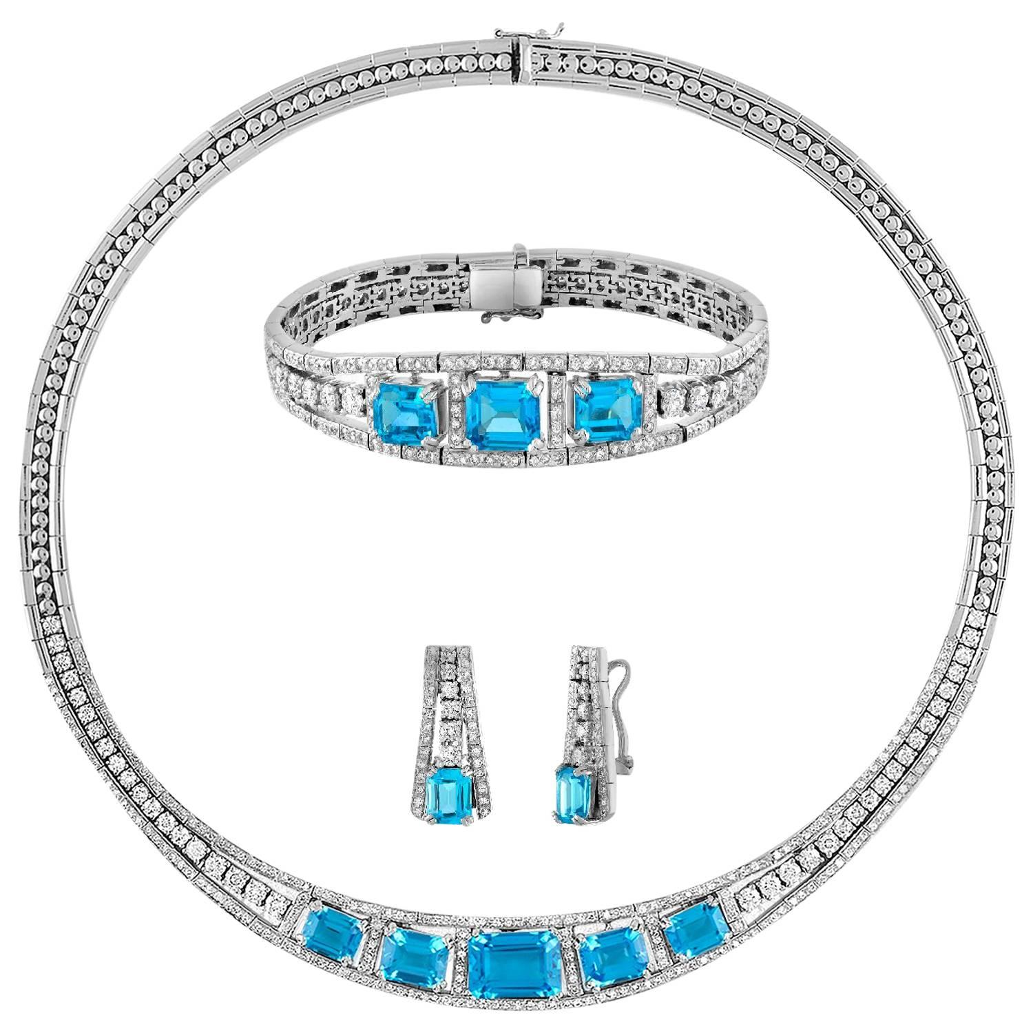 41.20 Carat Blue Topaz And Diamond Gold Necklace Earrings Bracelet Set