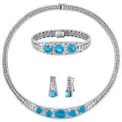 41.20 Carat Blue Topaz And Diamond Gold Necklace Earrings Bracelet Set