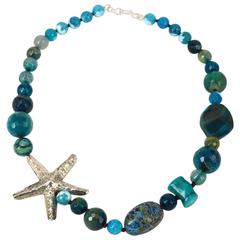 Star Fish Teal Agate Coral Jasper Silver Bead Necklace