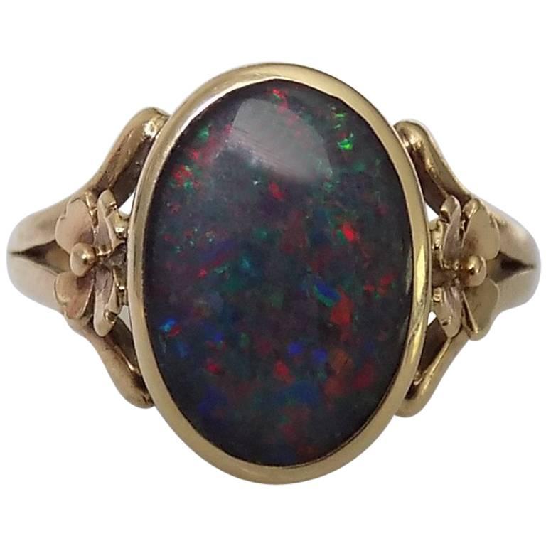 Black Opal Triplet Gold Floral Ring