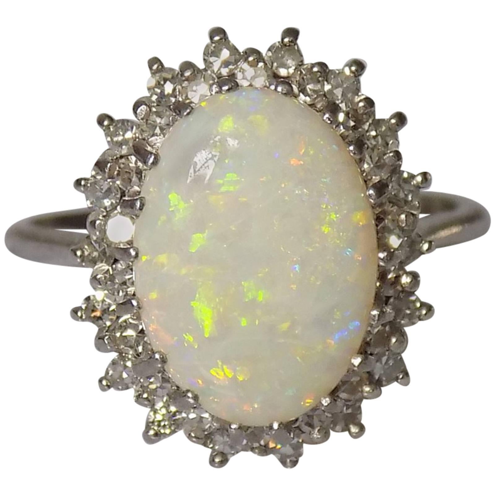 Opal Diamond White Gold Cocktail Cluster Ring