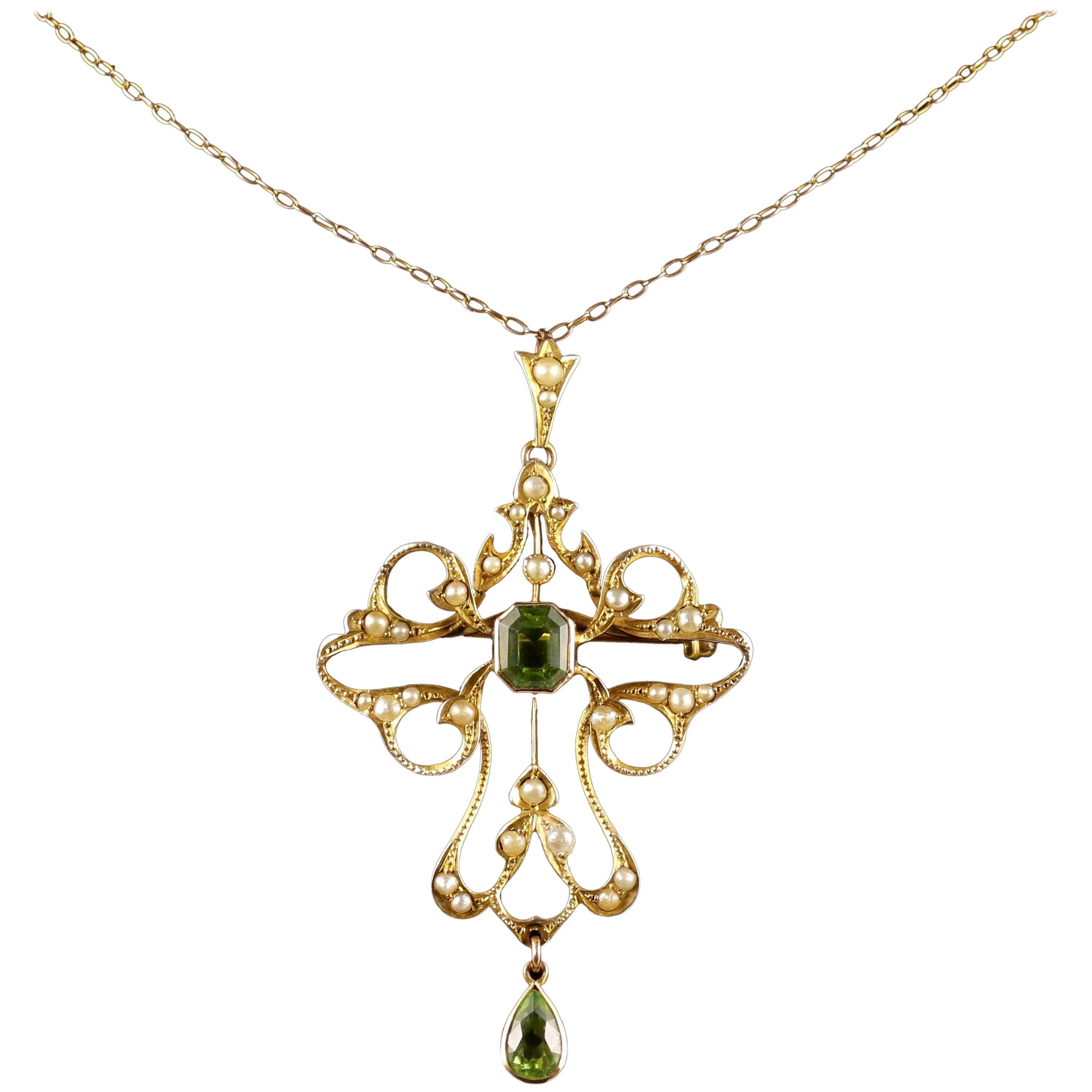 Antique Victorian Peridot 9 Carat Gold Pearl Pendant Brooch Necklace, circa 1900 For Sale
