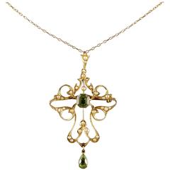 Antique Victorian Peridot 9 Carat Gold Pearl Pendant Brooch Necklace, circa 1900