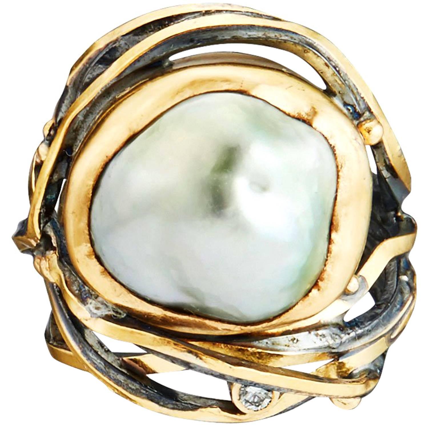 Bergsoe Pearl Diamond Silver Gold Twisted Ring For Sale
