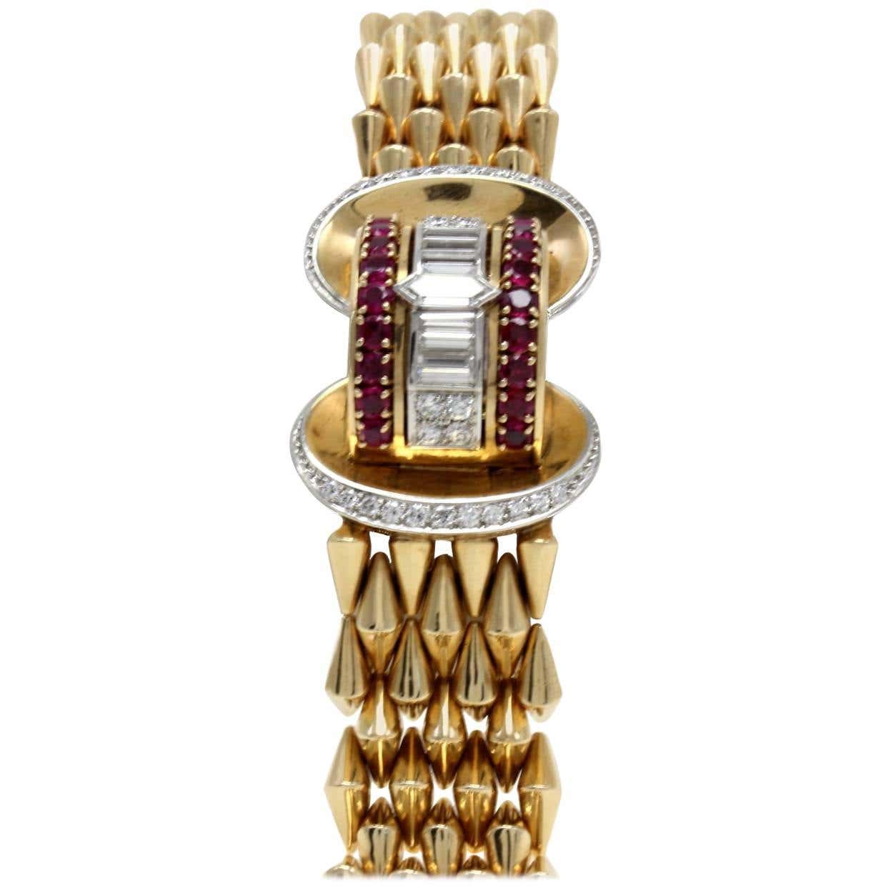 Gold Diamond Ruby Bracelet/Watch For Sale at 1stDibs