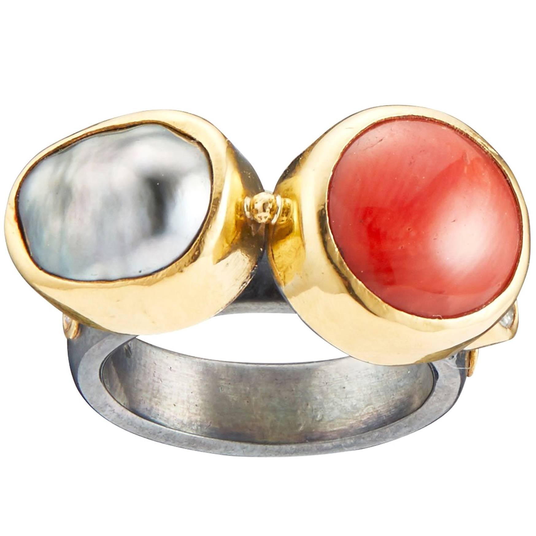 Bergsoe Coral Tahiti Pearl Diamond Silver Gold Cocktail Ring For Sale