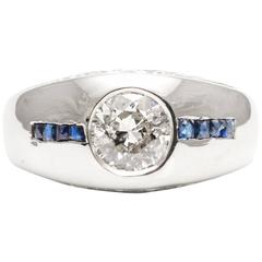 Glistening Art Deco Diamond French Cut Sapphire White Gold Ring 7