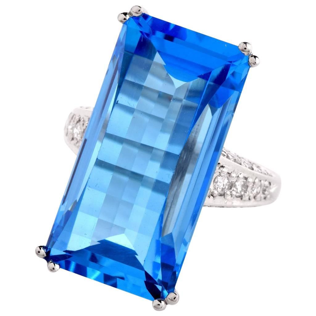 20th Century Swiss Blue Topaz Diamond Platinum Cocktail Ring