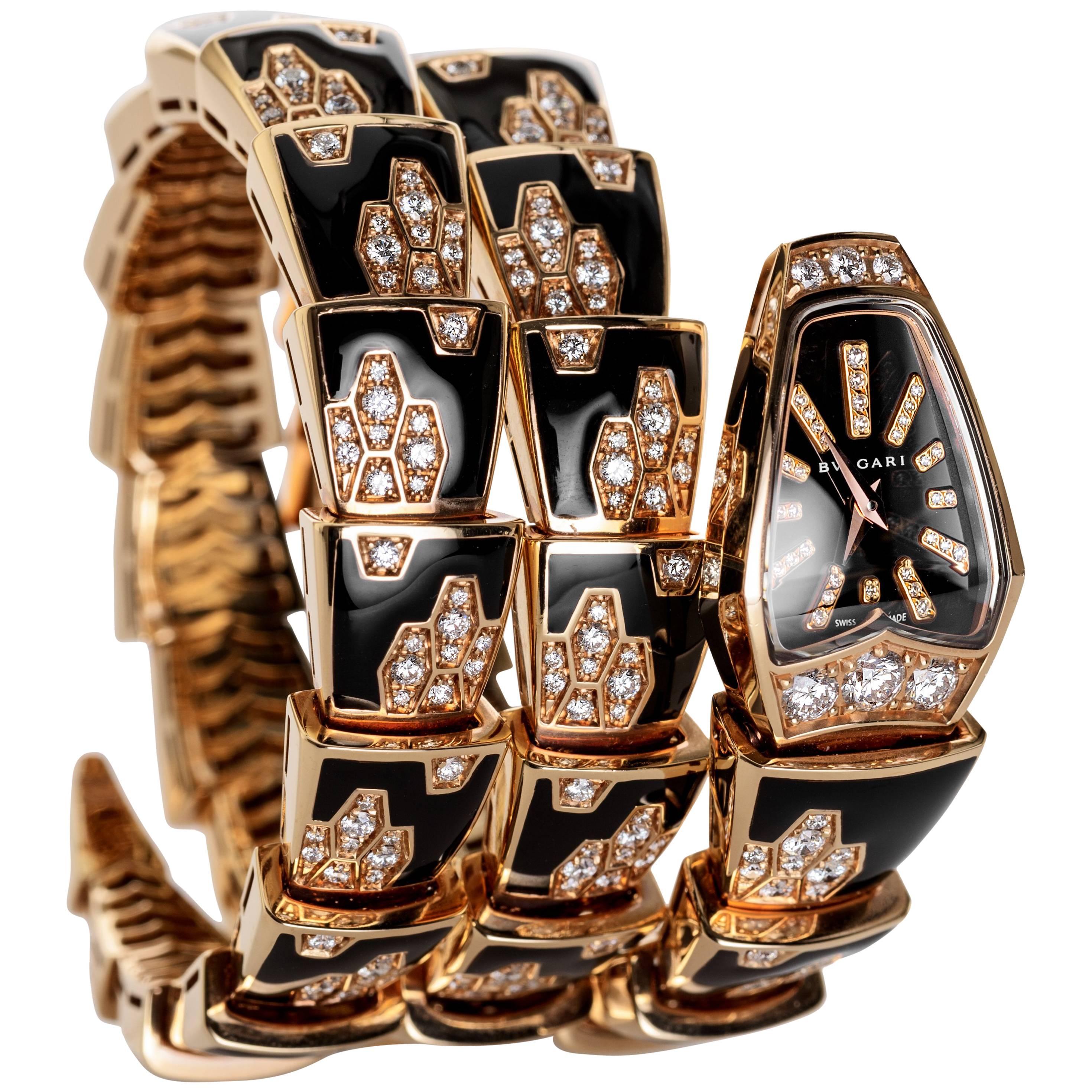 Bulgari Rose Gold Diamond Black Enamel Serpenti Bracelet quartz Wristwatch 