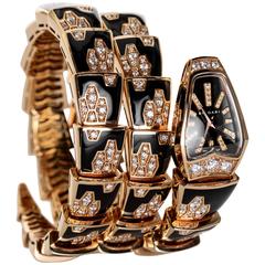 Bulgari Rose Gold Diamond Black Enamel Serpenti Bracelet quartz Wristwatch
