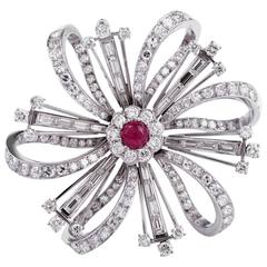 Ruby Diamond Platinum Flower Brooch Pin 2