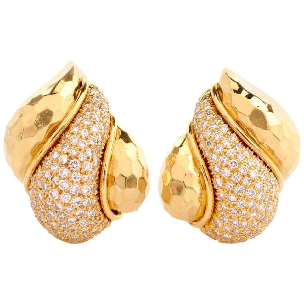 Henry Dunay Pave Diamond Clip-On 18k Gold Earrings