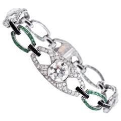 Antique Art Deco Onyx Emerald Diamond Platinum Link Bracelet 1