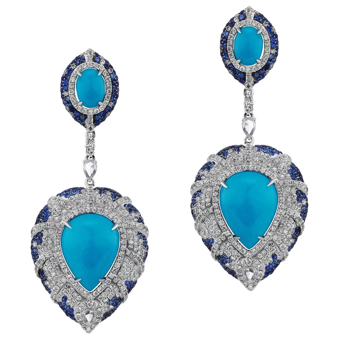 Turquoise Blue Sapphire Diamond Earrings For Sale