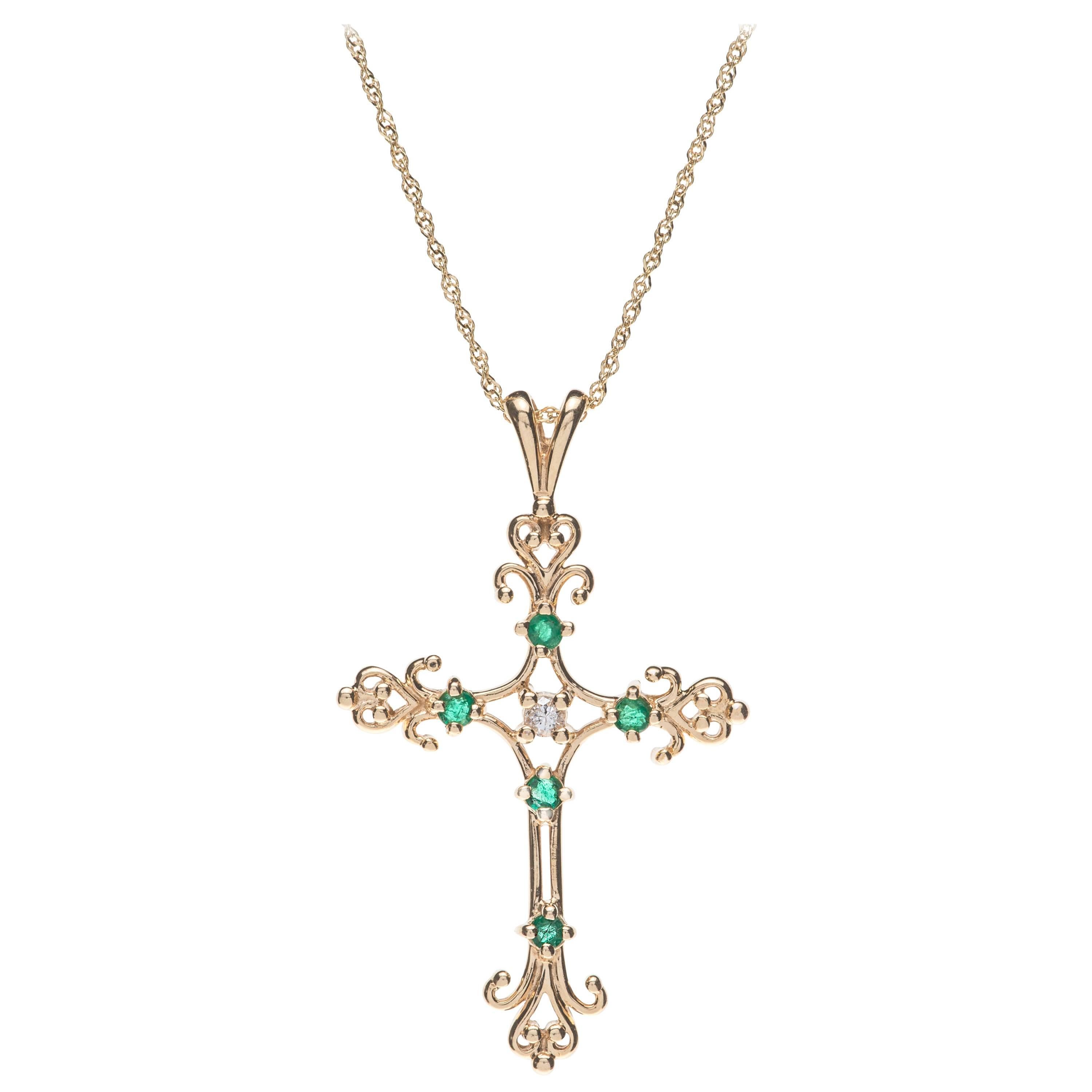 Emeralds and Diamond Filigree Gold Cross