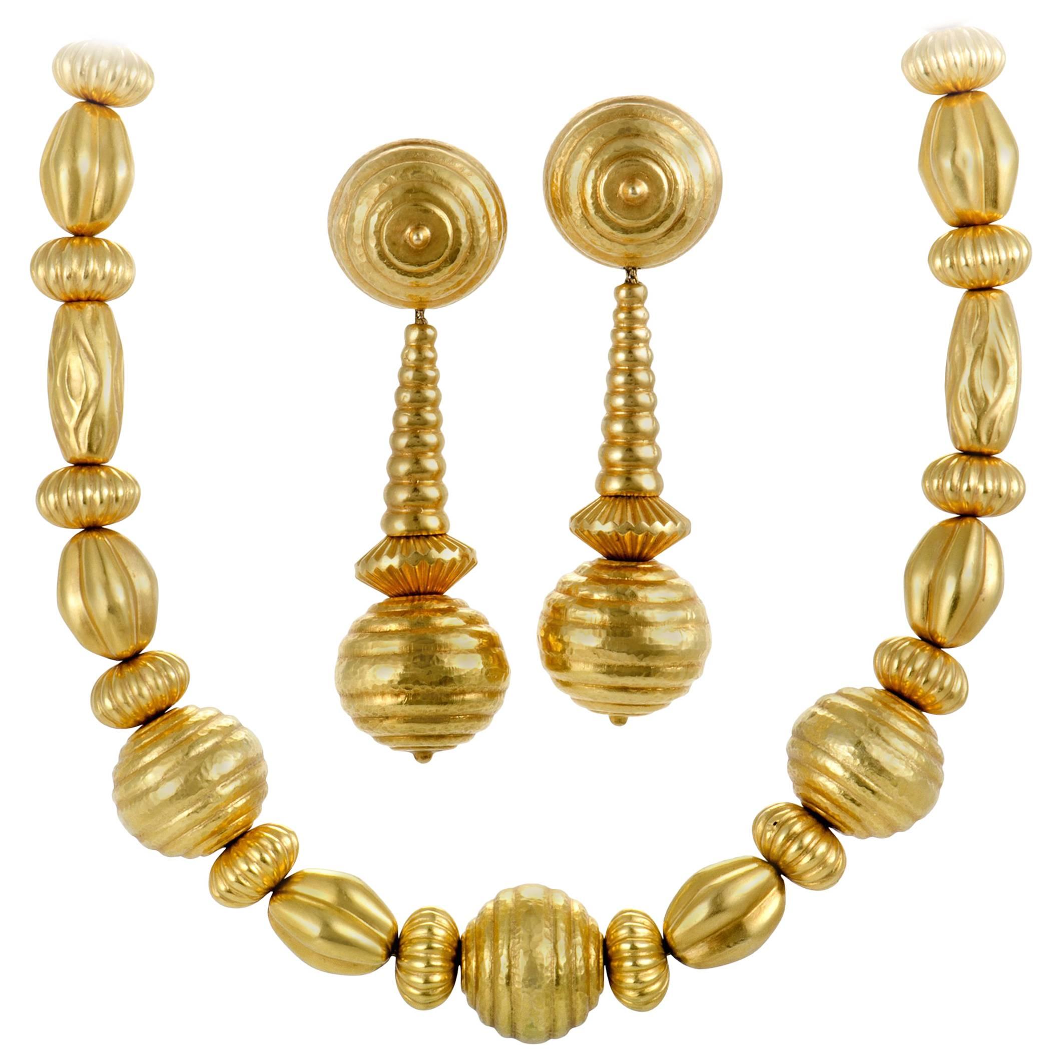 Ilias Lalaounis Yellow Gold Clip-On Earring and Necklace Set