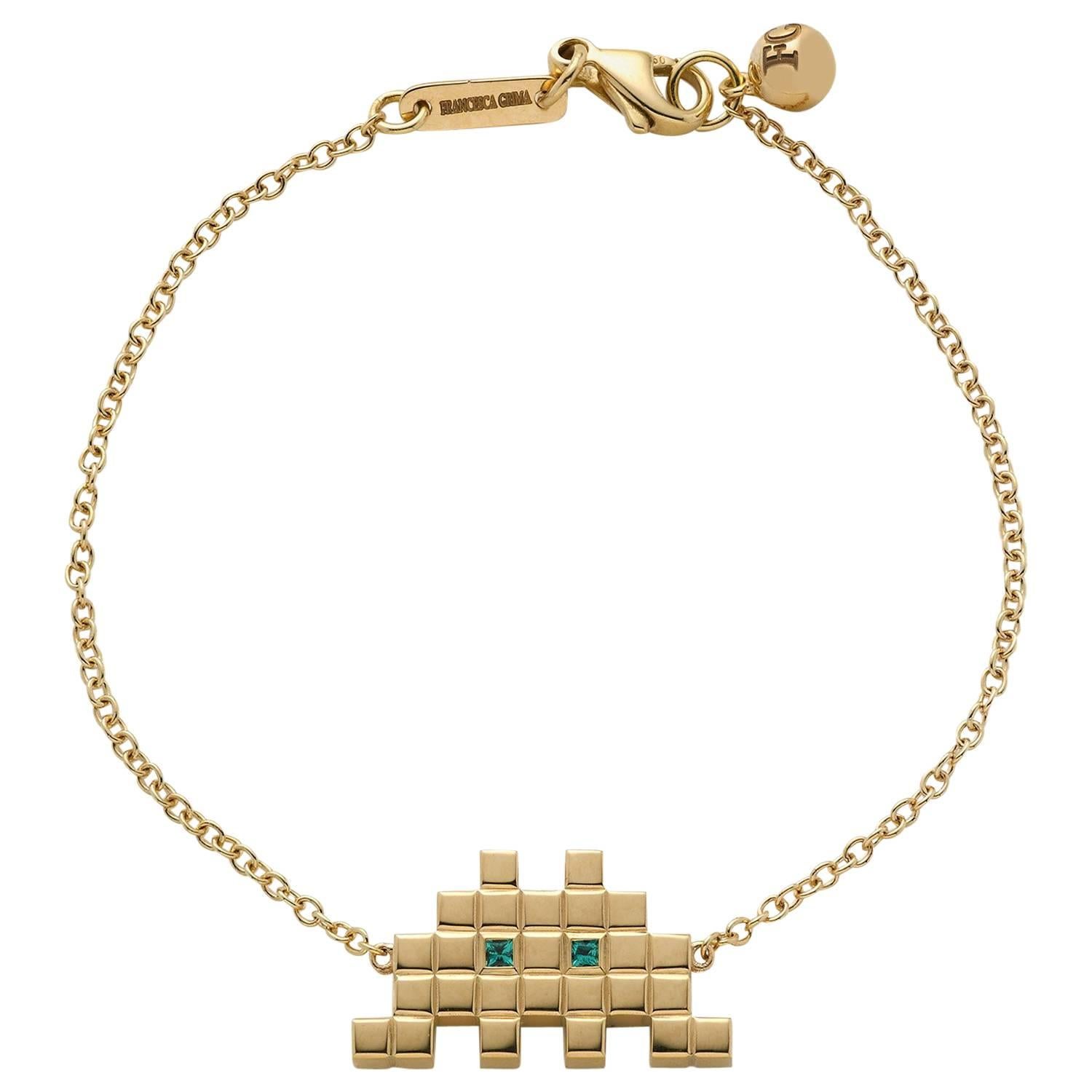 Francesca Grima Yellow Gold and Emerald Invader I Bracelet For Sale