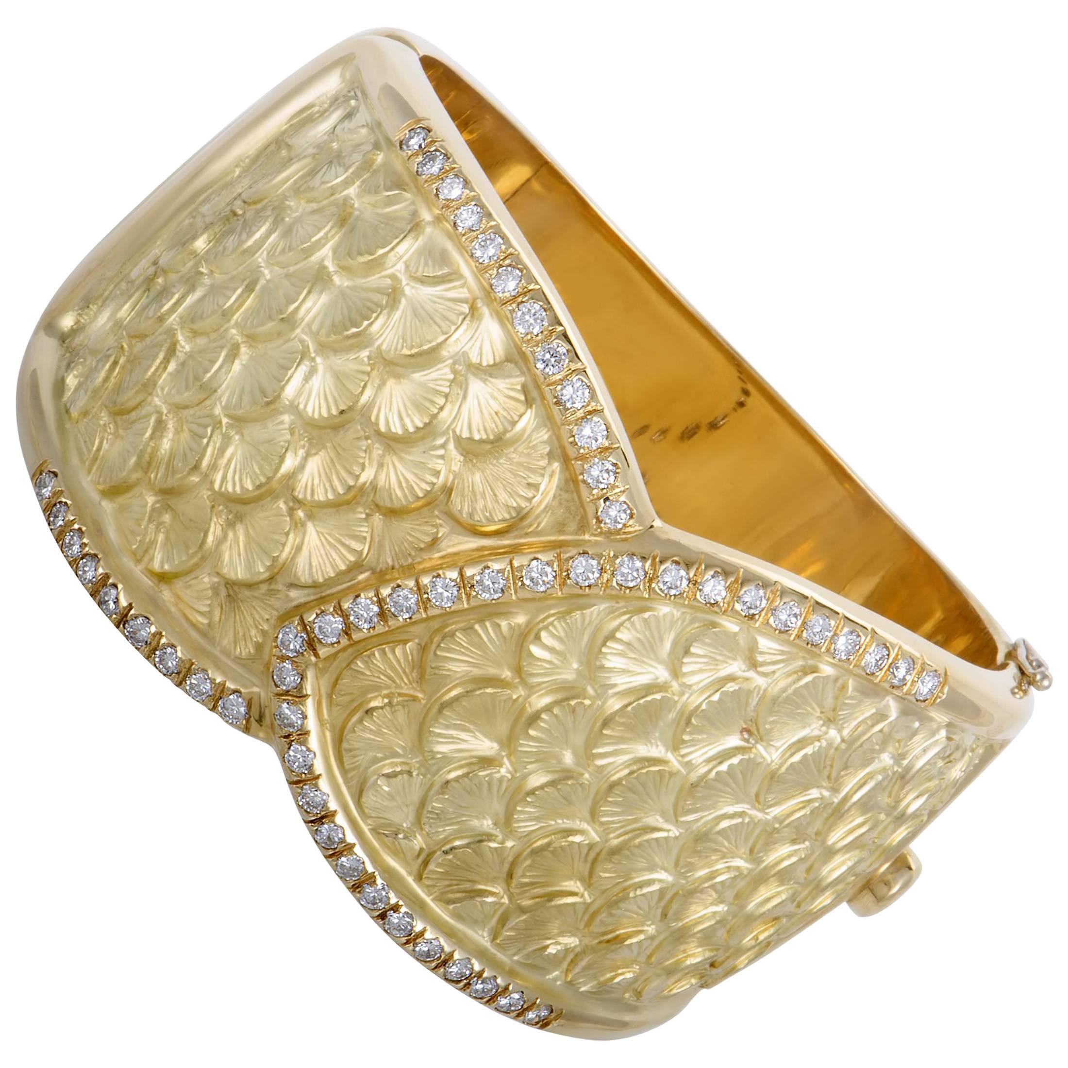 Diamond and Yellow Gold Large Bangle Bracelet