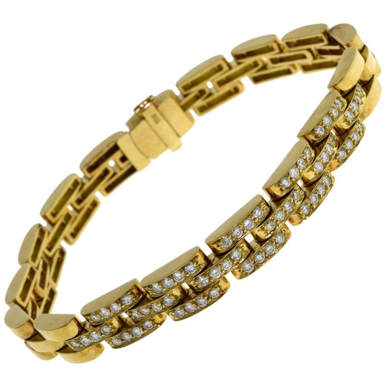 Diamond Panther Link 18 Karat Yellow Gold Bracelet For Sale at 1stDibs