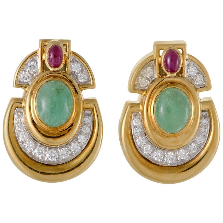 David Webb Diamond Emerald Ruby Yellow And White Gold Clip On David Webb Diamond Emerald Ruby Yellow And White Gold Clip On Earrings For