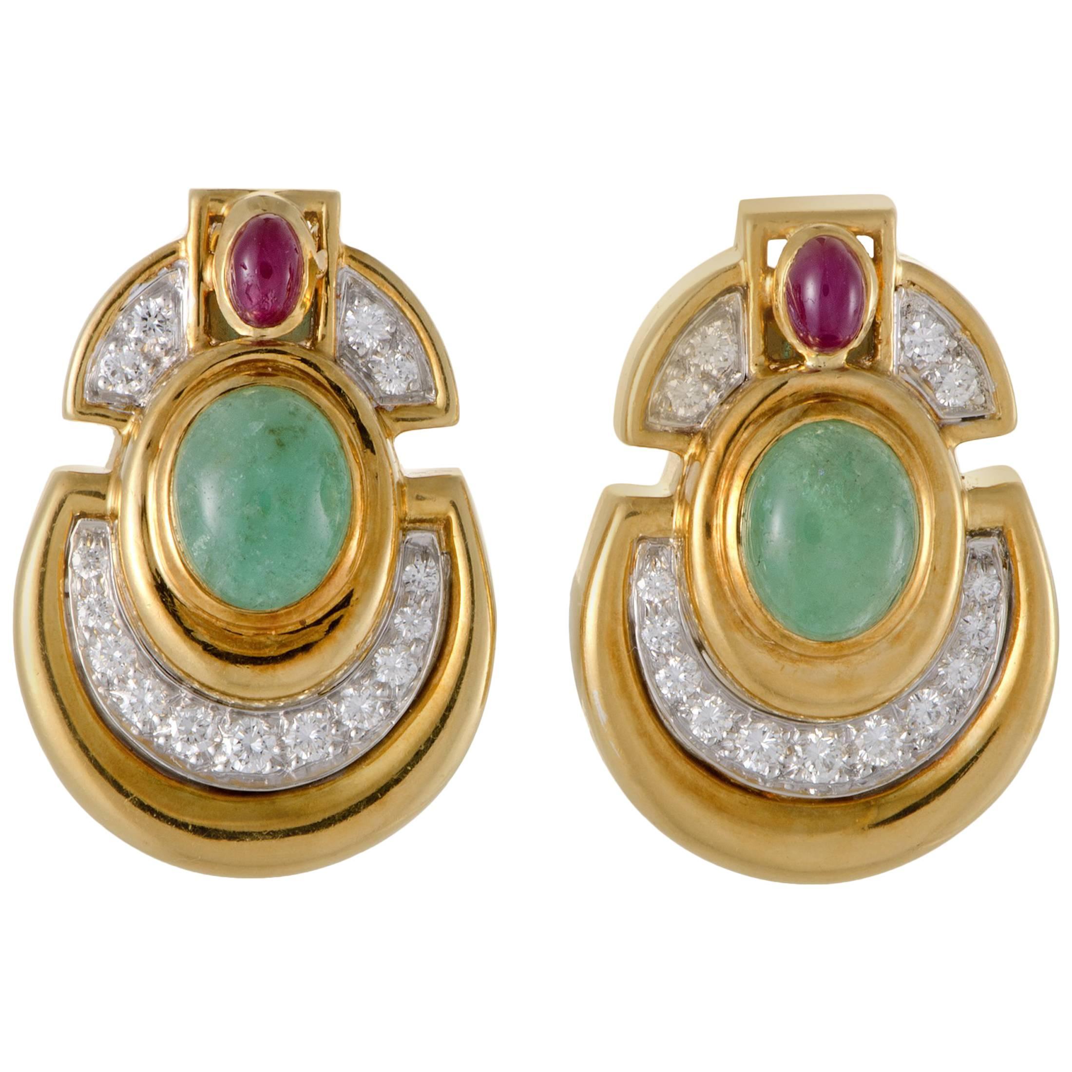 David Webb Diamond Emerald Ruby Yellow and White Gold Clip-On Earrings