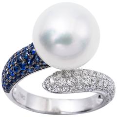 South Sea Pearl Sapphire Diamond White Gold Cocktail Ring