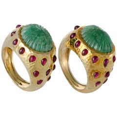 David Webb Emerald Ruby Yellow Gold Set of Rings at 1stDibs