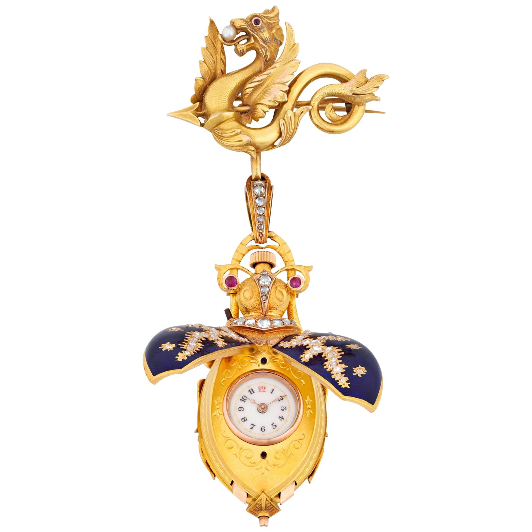 Yellow Gold Scarab Lapel Watch, circa 1880
