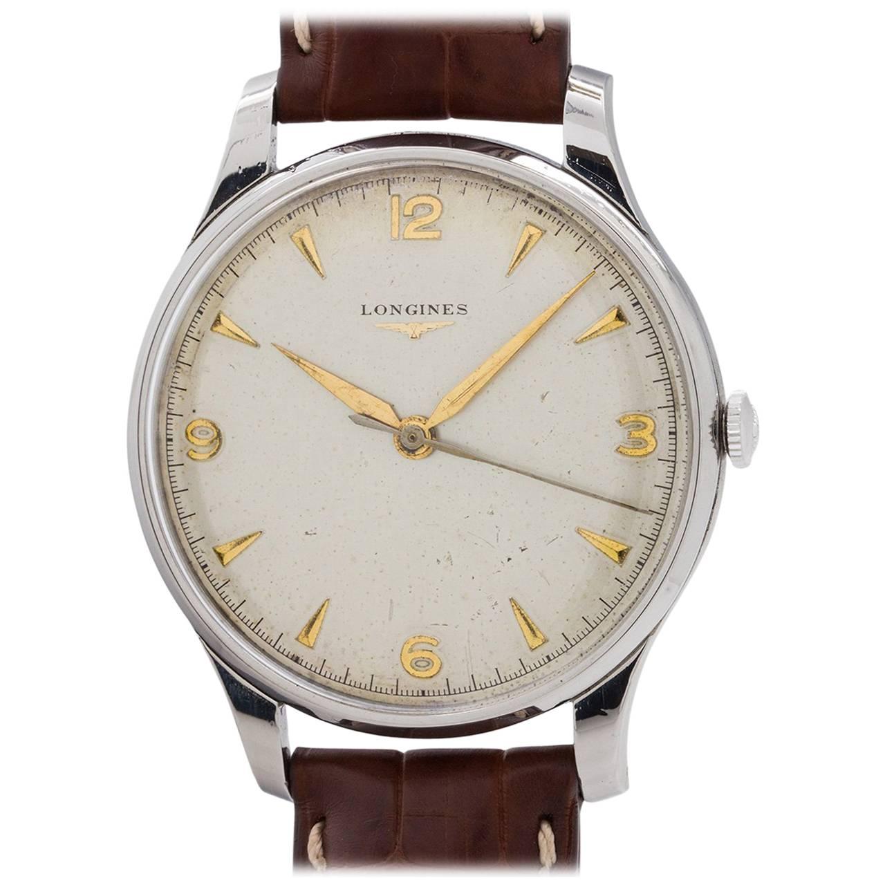 Longines Stainless Steel Dress Model Oversized Manual Wristwatch, circa 1956 For Sale