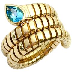 Bulgari Tubogas Blue Topaz Yellow Gold Snake Band Ring 2