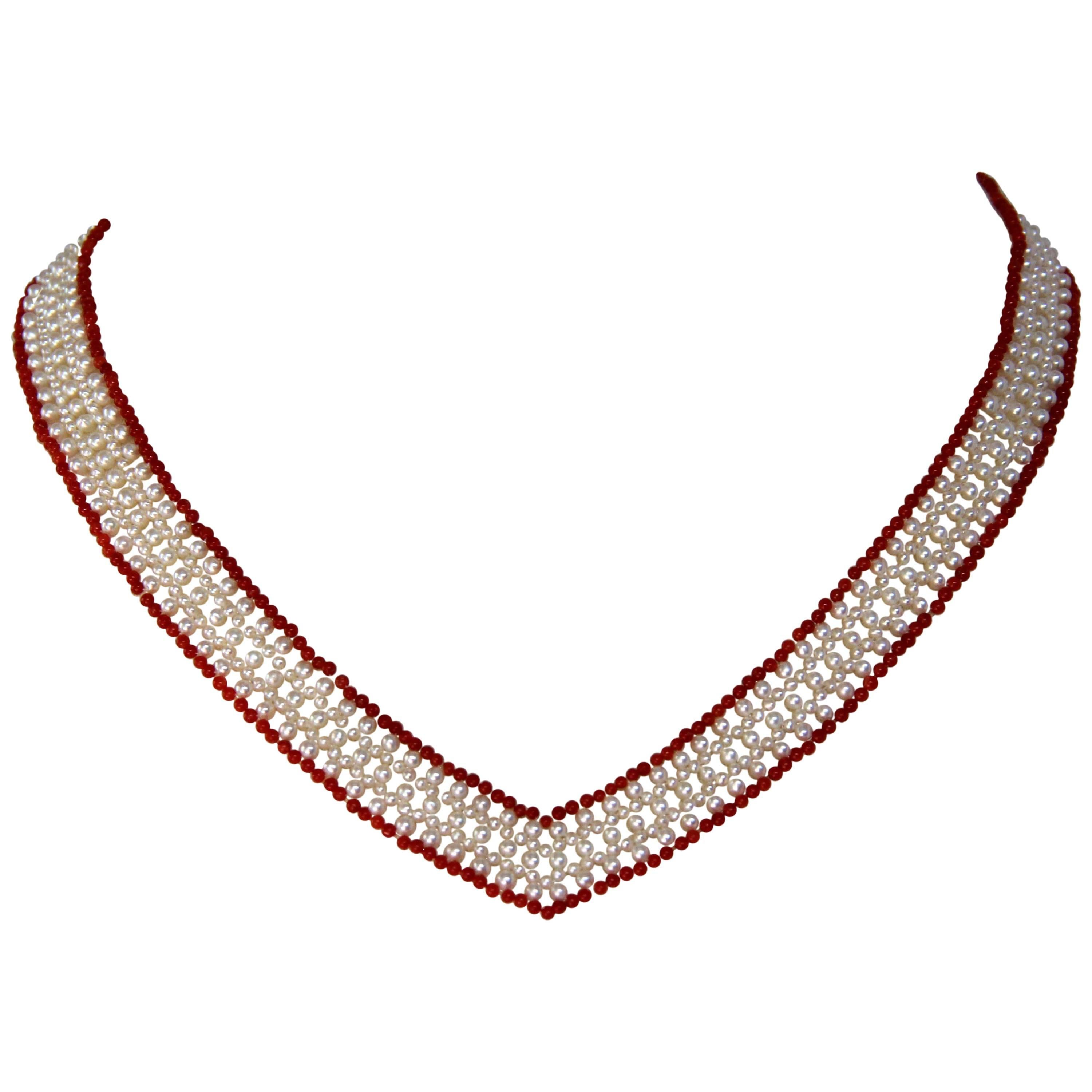 Marina J White Pearls and Red Coral Beads V Shape Necklace with 14 k yellow gold For Sale